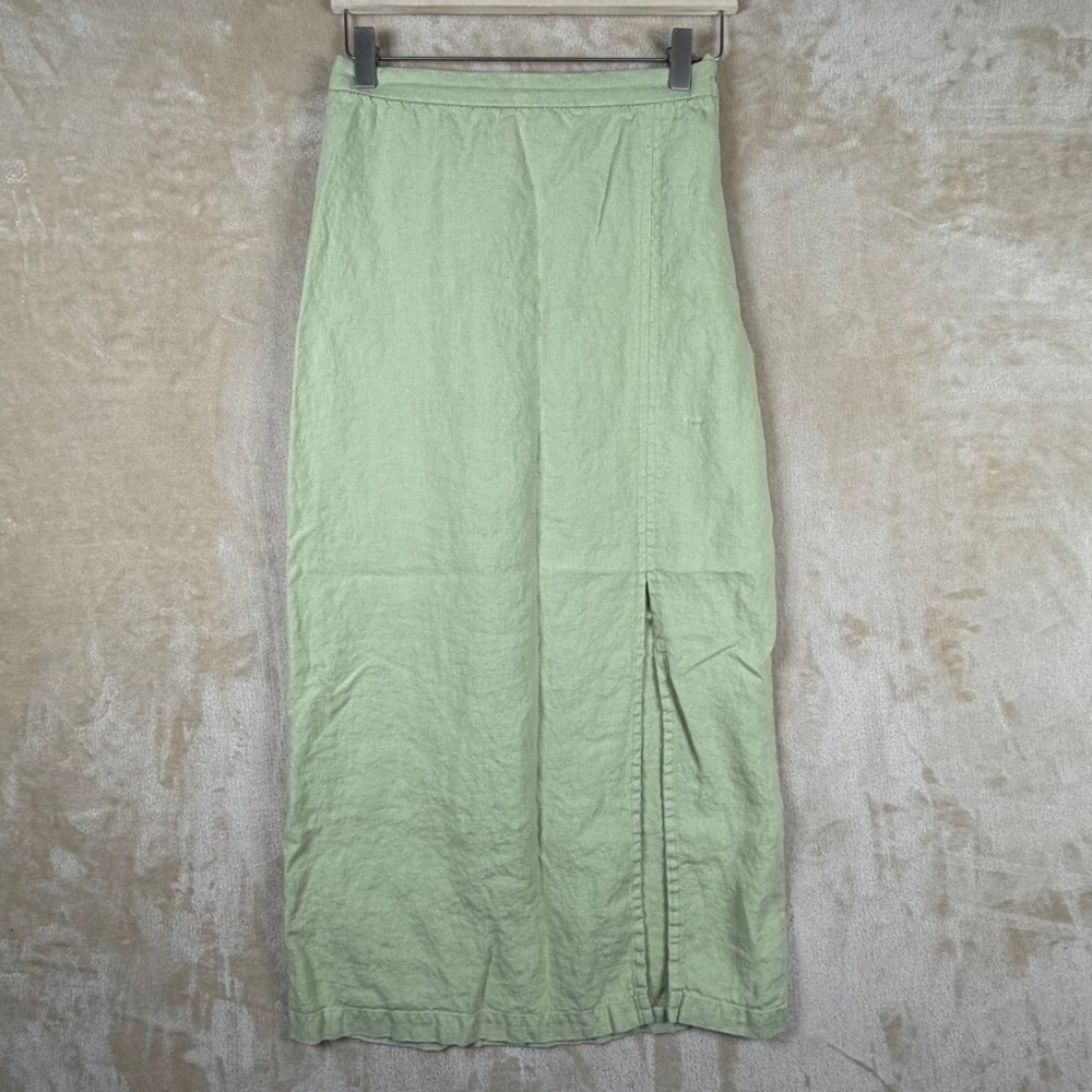Eileen Fisher Sage Green 100% Linen Midi Skirt Side Slit S Made in USA Lagenlook